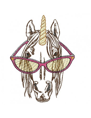 Instant download machine embroidery  unicorn with his glasses and mylar horn