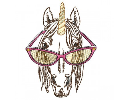 Instant download machine embroidery  unicorn with his glasses and mylar horn