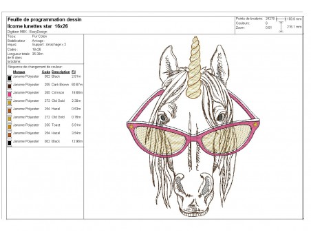 Instant download machine embroidery  unicorn with his glasses and mylar horn