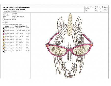 Instant download machine embroidery  unicorn with his glasses and mylar horn