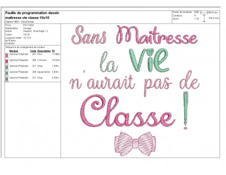 Motif de broderie  maîtresse  vie classe