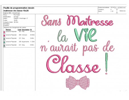 Motif de broderie  maîtresse  vie classe