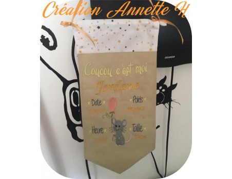 Motif de broderie machine journal de naissance fille souris personnalisable