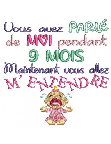 Motif de broderie  texte 9 mois fille