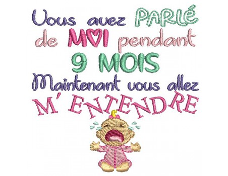 Motif de broderie  texte 9 mois fille