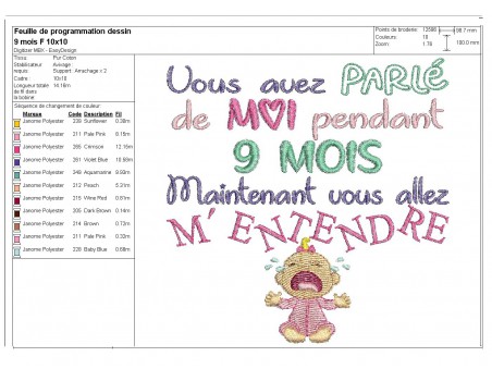 Motif de broderie  texte 9 mois fille