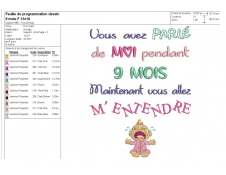 Motif de broderie  texte 9 mois fille