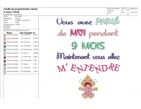 Motif de broderie  texte 9 mois fille