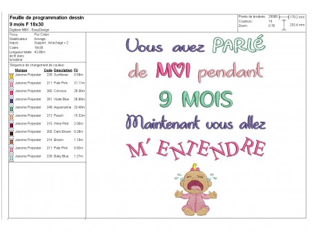 Motif de broderie  texte 9 mois fille