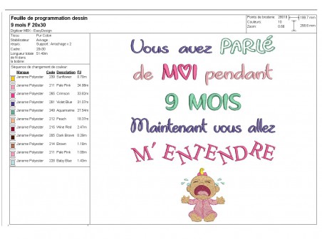 Motif de broderie  texte 9 mois fille