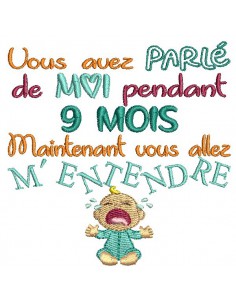 Motif de broderie  texte 9 mois garçon