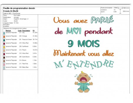 Motif de broderie  texte 9 mois garçon