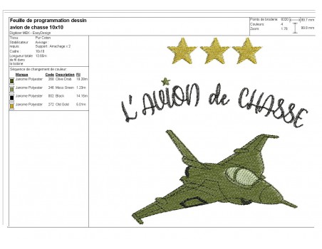 Motif de broderie machine  avion de chasse