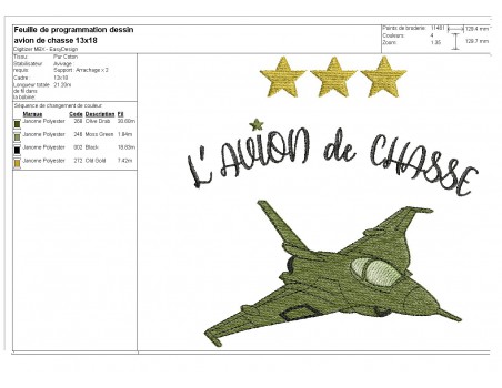 Motif de broderie machine  avion de chasse