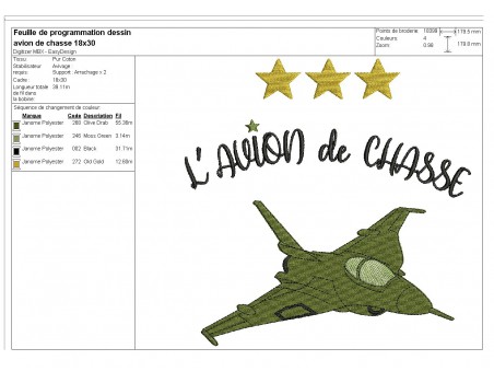 Motif de broderie machine  avion de chasse