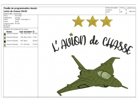 Motif de broderie machine  avion de chasse