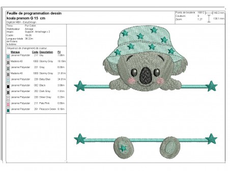 Motif de broderie machine koala  prénom garçon