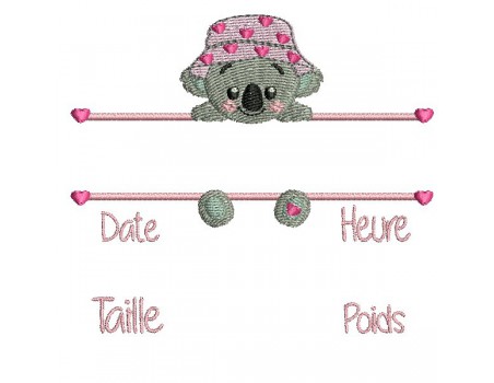 Motif de broderie machine  koala  journal de naissance fille