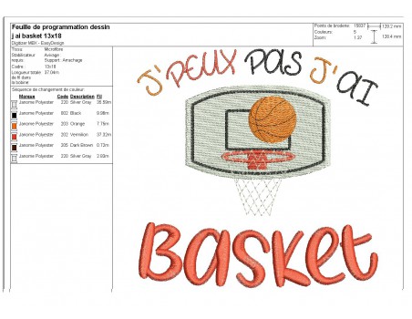 Motif de broderie machine texte j'peux pas j'ai basket