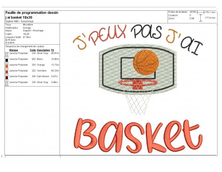 Motif de broderie machine texte j'peux pas j'ai basket