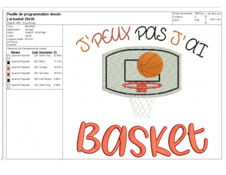 Motif de broderie machine texte j'peux pas j'ai basket