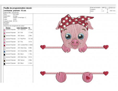 Motif de broderie machine  cochon prénom fille