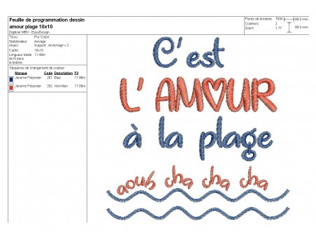 Motif de broderie machine  texte  l'amour à la plage