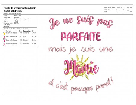 Motif de broderie machine  texte mamie parfaite