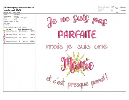 Motif de broderie machine  texte mamie parfaite