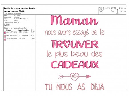 Motif de broderie machine  texte maman cadeau