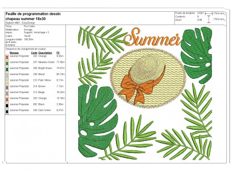 Motif de broderie machine  chapeau summer