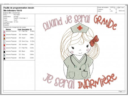 Motif de broderie machine quand je serai grande, je serai infirmière