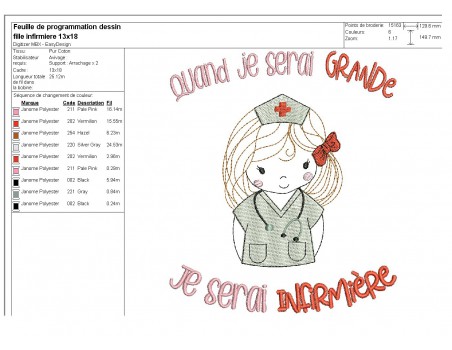 Motif de broderie machine quand je serai grande, je serai infirmière