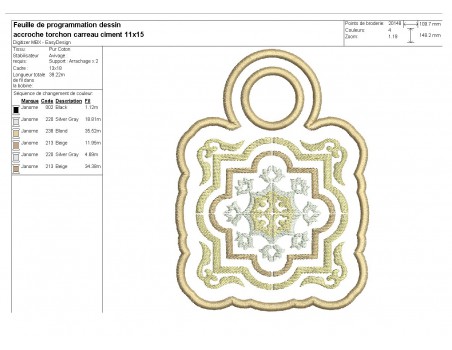 Motif de broderie machine accroche torchon carreau de ciment  ITH