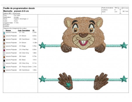 Motif de broderie machine marmotte prénom