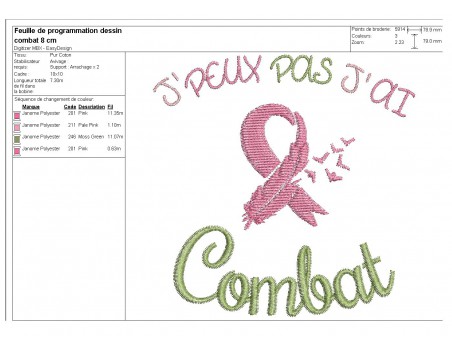 Motif de broderie machine motif ruban rose  j'peux pas j'ai combat