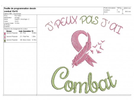 Motif de broderie machine motif ruban rose  j'peux pas j'ai combat