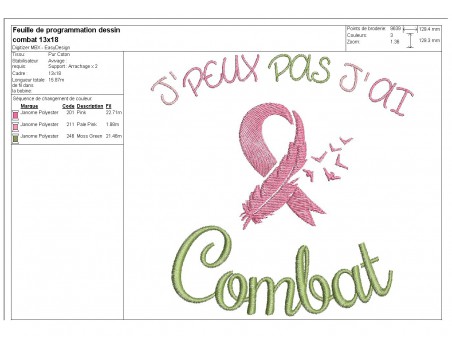 Motif de broderie machine motif ruban rose  j'peux pas j'ai combat