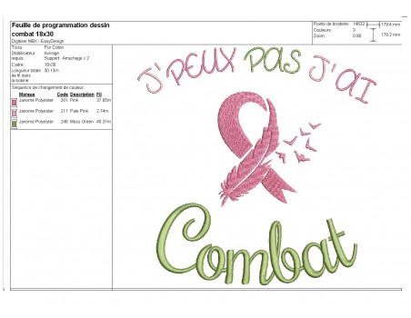 Motif de broderie machine motif ruban rose  j'peux pas j'ai combat