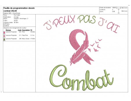 Motif de broderie machine motif ruban rose  j'peux pas j'ai combat