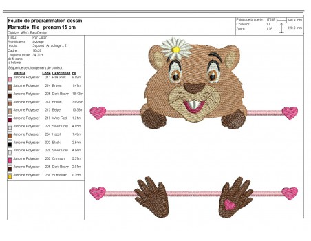 Motif de broderie machine marmotte prénom fille