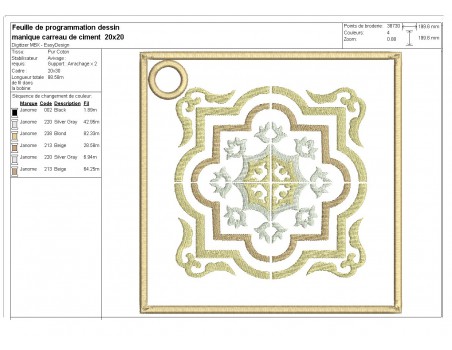 Motif de broderie machine manique ou dessous de plat