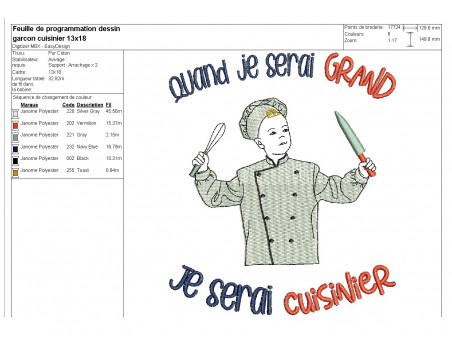 Motif de broderie machine quand je serai grand, je serai cuisinier