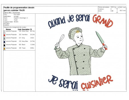 Motif de broderie machine quand je serai grand, je serai cuisinier