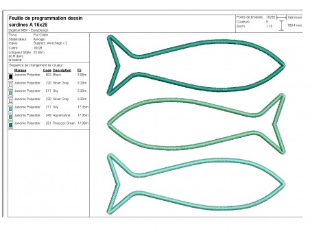 Motif de broderie machine sardines appliquées