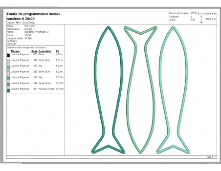 Motif de broderie machine sardines appliquées
