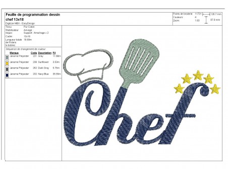 Motif de broderie machine cuisine chef étoilé