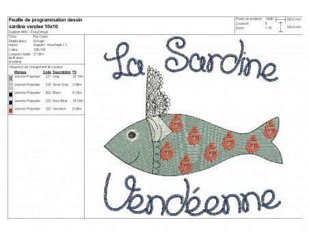 Motif de broderie machine sardine Vendéenne