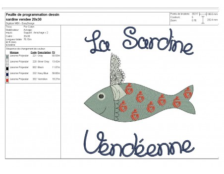 Motif de broderie machine sardine Vendéenne