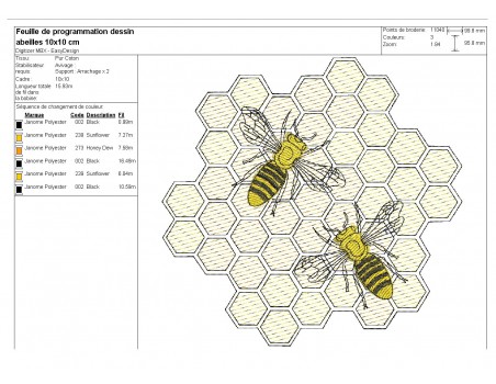 Motif de broderie machine les  abeilles sur une alvéole en mylar